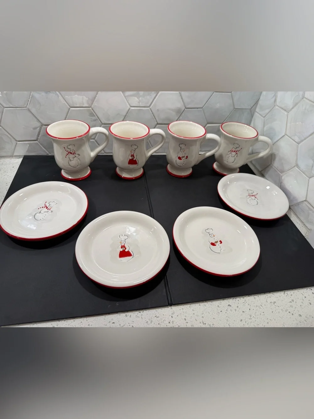 Williams Sonoma Snowman Chef Christmas Holiday 8pc Set 4 Mugs & 4 Plates RETIRED